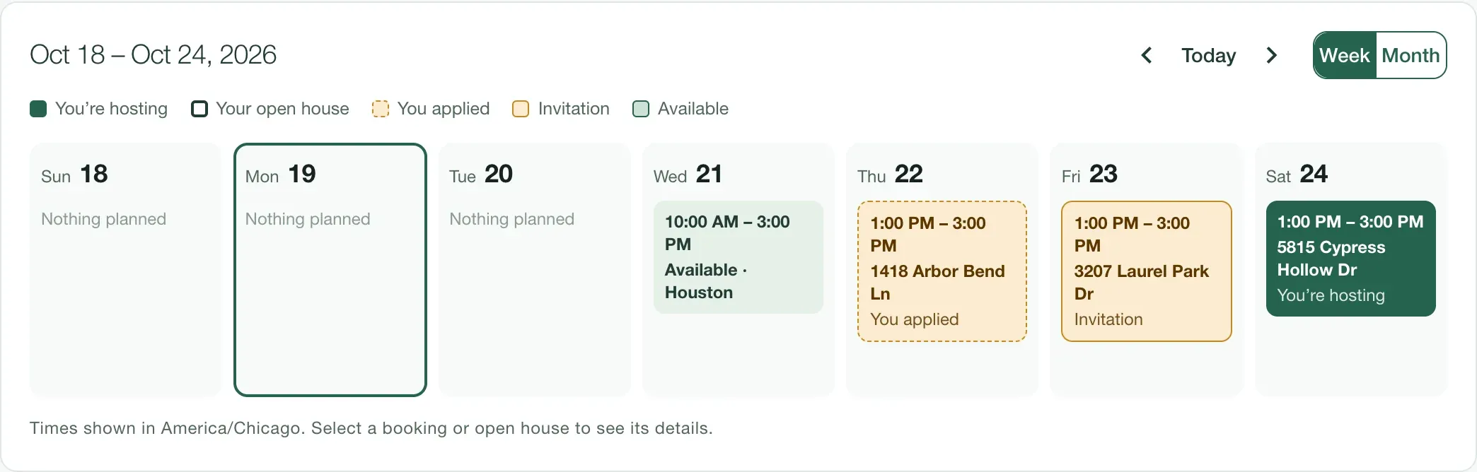 Schedule week view: free on Wednesday, applied for 1418 Arbor Bend Ln on Thursday, invited to 3207 Laurel Park Dr on Friday, hosting 5815 Cypress Hollow Dr on Saturday.
