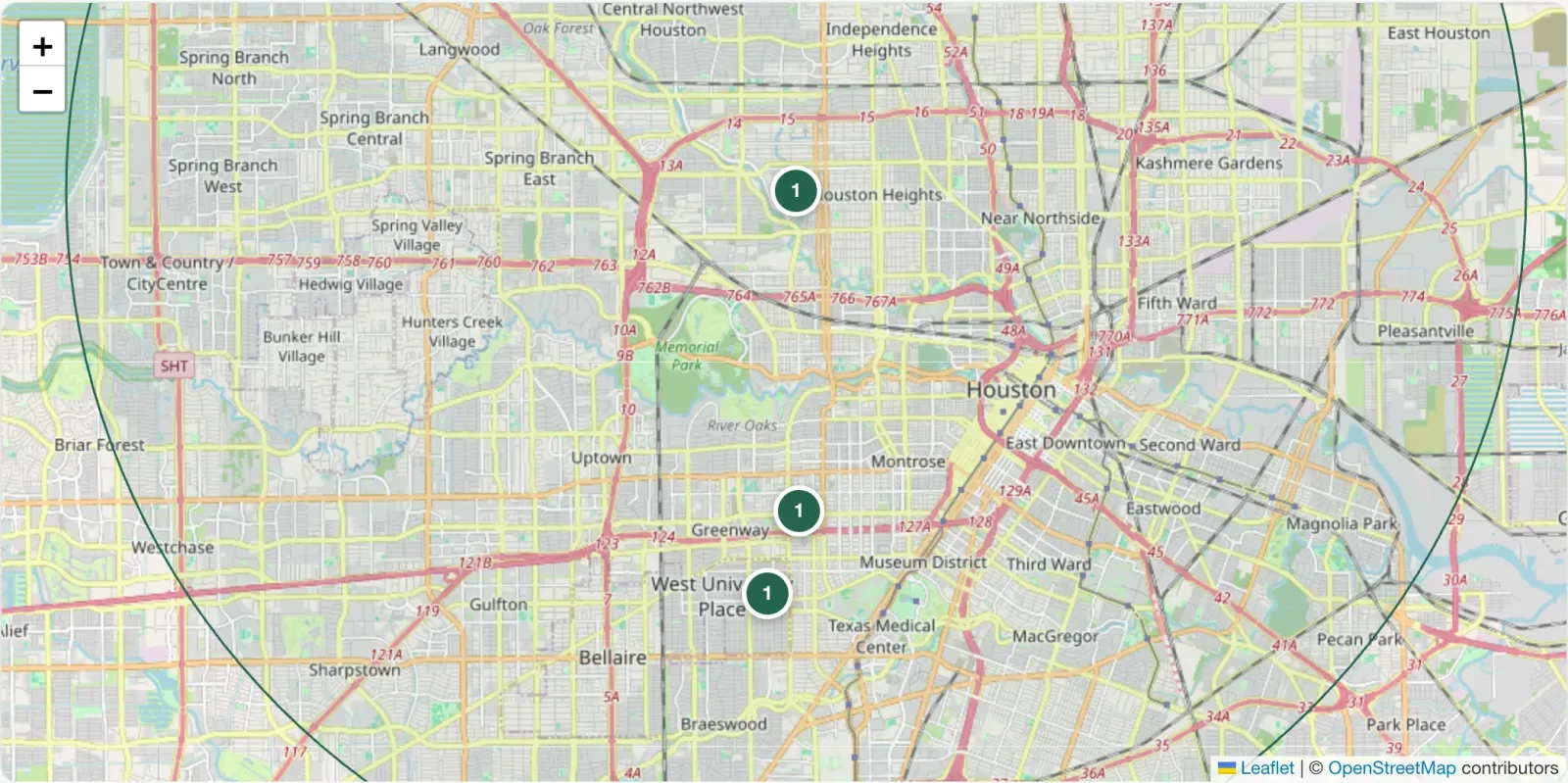 Map of Houston with open houses in the Heights, near Greenway and in West University, inside a 10-mile search radius.