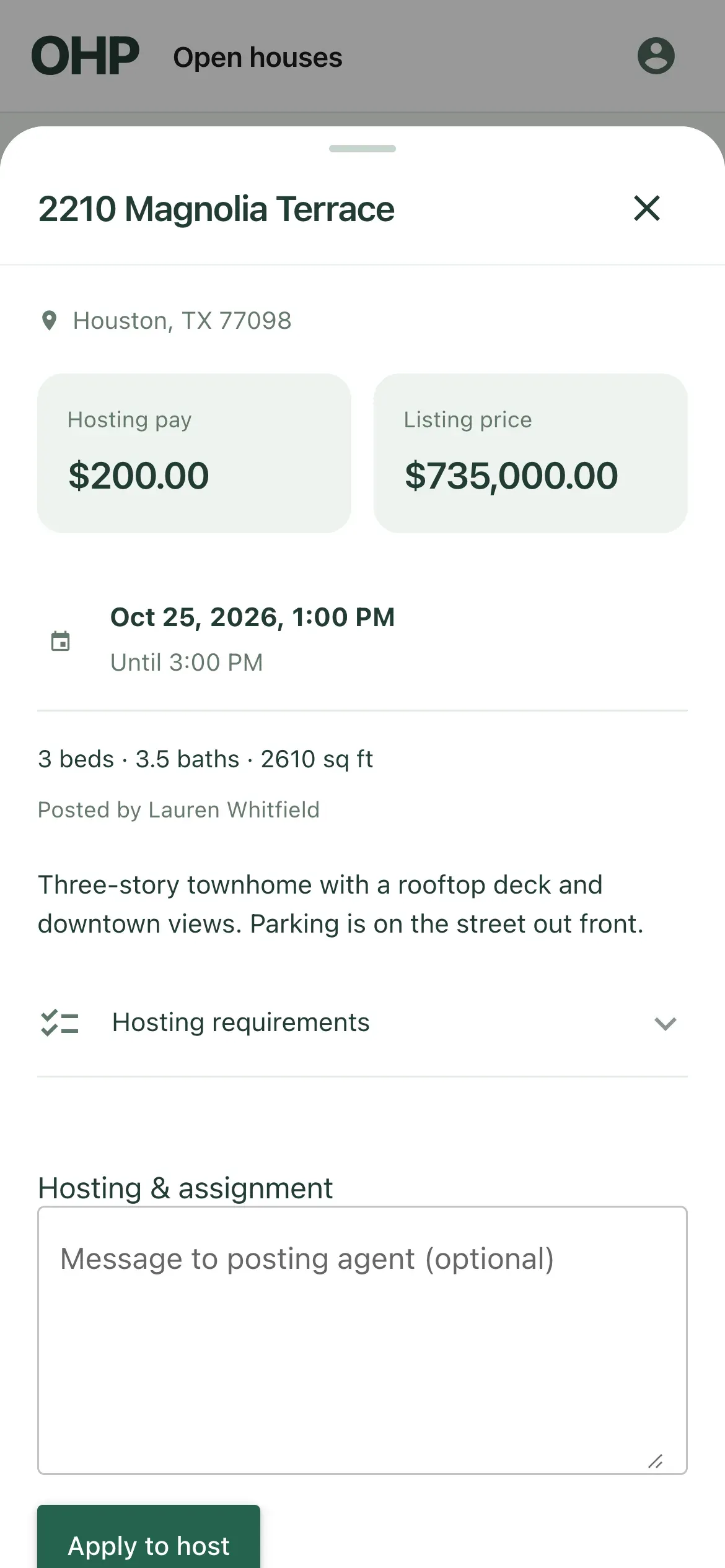 OHP open house details: hosting pay $200, listing price $735,000, Sunday 1 to 3 PM, with an Apply to host button.